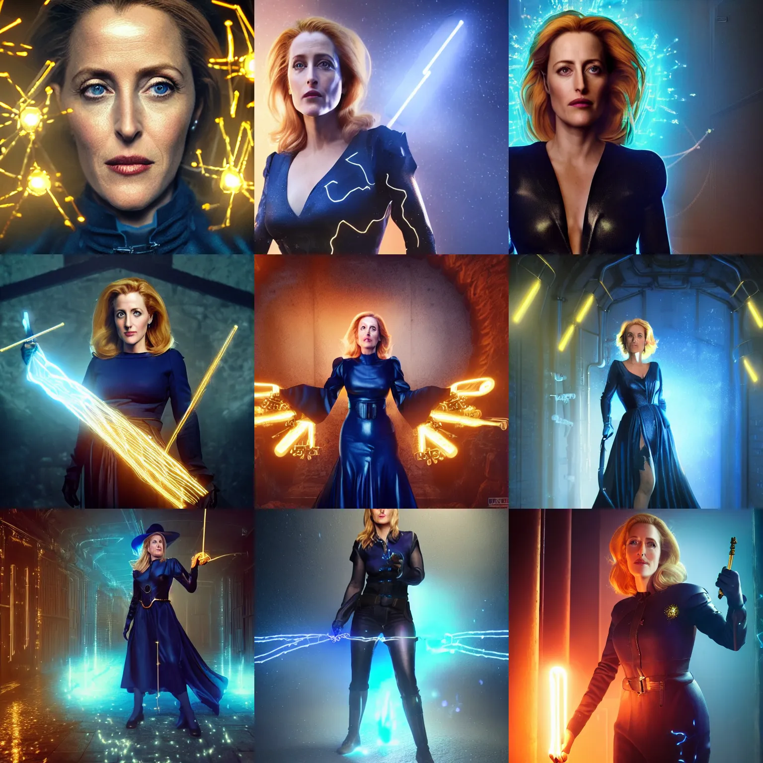 Prompt: Gillian Anderson wearing a dark blue witches outfit holding a glowing golden magical wand with electrical bolts emitting. In a drab dungeon. Trending on Artstation, octane render, ultra detailed, art by Ross tran