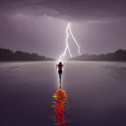 Image similar to girl walking on water, lightning, walking on water, scenic, dark cloudy background, lightning strikes, lightning bolts, shocking, 8k, artstation