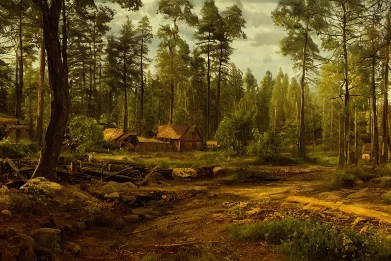 Image similar to A beautiful painting of russian village in dark forest by ivan shishkin and arkhip kuindji, trending on artstation,matte painting