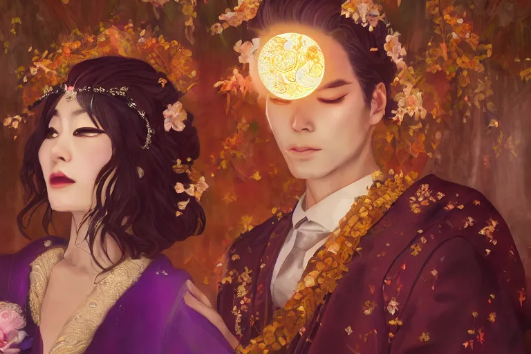 Image similar to a cinematic portrait of wedding photograph jpeg close up moment of a divine a japan sun god and moon goddess lovers magician at a wedding banquet. portraiture. digital painting. artstation. concept art. wedding photo. digital painting. violet evergarden art masterpiece by art by krenz cushart