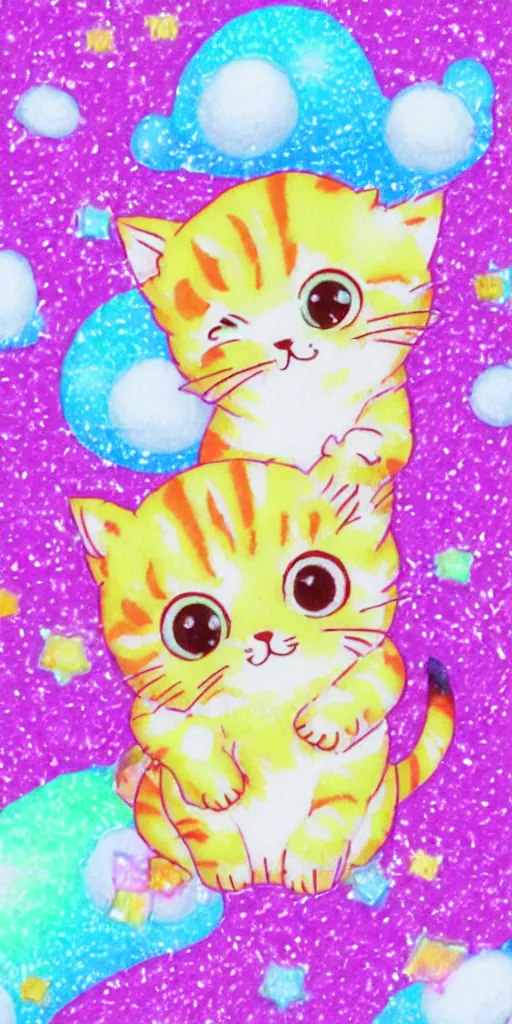 Image similar to a tiny cute kitten sleeping, puffy sticker, glitter sticker, kawaii by studio ghibli, by lisa frank 8 k pastel colours, isometric, smeared watercolours,