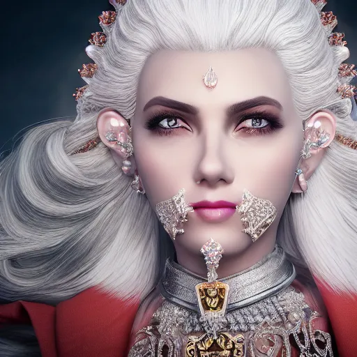 Prompt: portrait of radiant princess with white hair, beauty, ornate and intricate diamond jewelry, jaw dropping, white accent lighting, hyper detailed, 4 k octane render