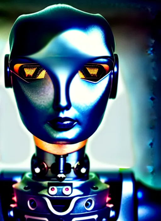 Prompt: a beautiful young female futuristic robot profile face, daguerrotype, closeup - view, f / 2. 8, low contrast, 1 6 k, beautiful lighting, reflective, in a symbolic and meaningful style, surreal dreamy poetic