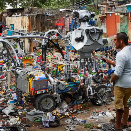 Prompt: a realistic photo of a latin american recycler making a complex and big robot with materials of the retro garbage left by people from their daily consumption, dystopic and utopic conceptual art ( variation )