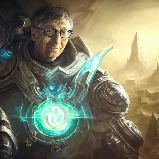 Image similar to portrait of bill gates as a spellcaster, league of legends amazing splashscreen artwork, gears of war, splash art, natural light, elegant, photorealistic facial features, intricate, fantasy, detailed face, atmospheric lighting, anamorphic lens flare, cinematic lighting, league of legends splash art, hd wallpaper, ultra high details by greg rutkowski