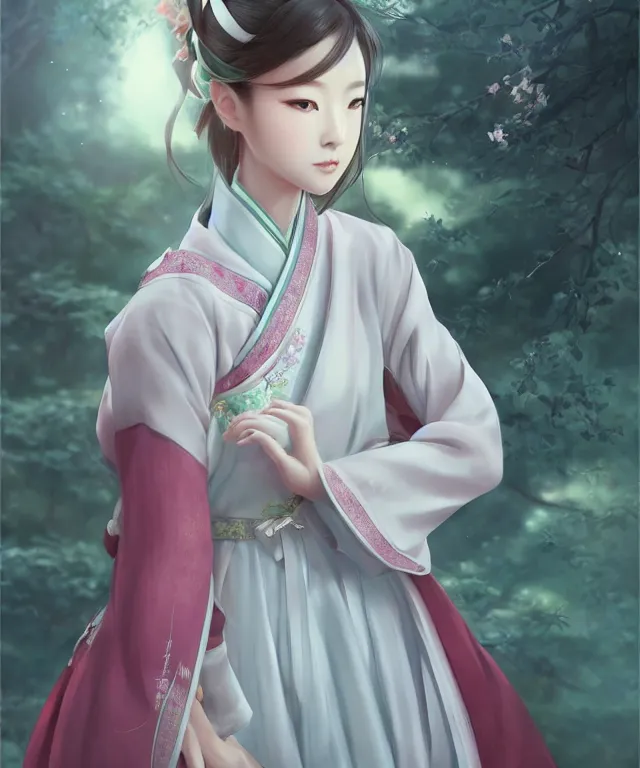 Image similar to Portrait of a beautiful young elegant girl in Chinese hanbok, Japanese anime style, gorgeous atmosphere, full of details, matte painting, concept art, smooth, by Ina Wong and wlop ，trending on cgsociety and artstation，8kHDR，light effect，