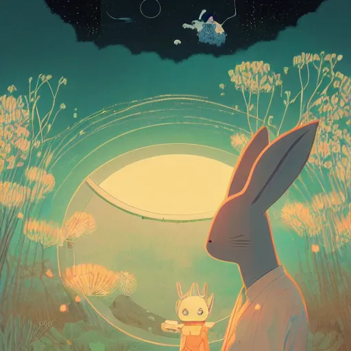 Image similar to A rabbit full of hope, looking for a black hole in an infinite time loop by Victo Ngai and Ghibli andlisk feng and atey ghailan