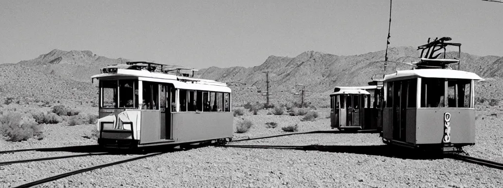 Prompt: a 1970!!!s tramway!! in the middle of a desert!!