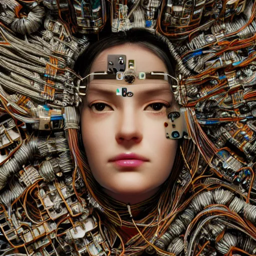 Image similar to tapping in to something greater, piles of modular synth cables, goddess laying down wearing a headpiece made of circuit boards, by cameron gray, wlop, stanley kubrick, masamune, hideki anno, unique perspective, trending on artstation, 3 d render, vivid