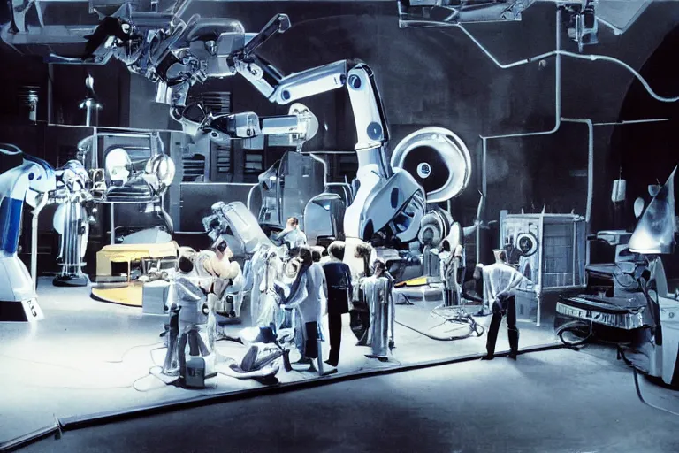 Image similar to a futuristic film studio with robot technicians preparing a scene by Stanley kubrick, sci-fi, color vibe, reimagined by industrial light and magic