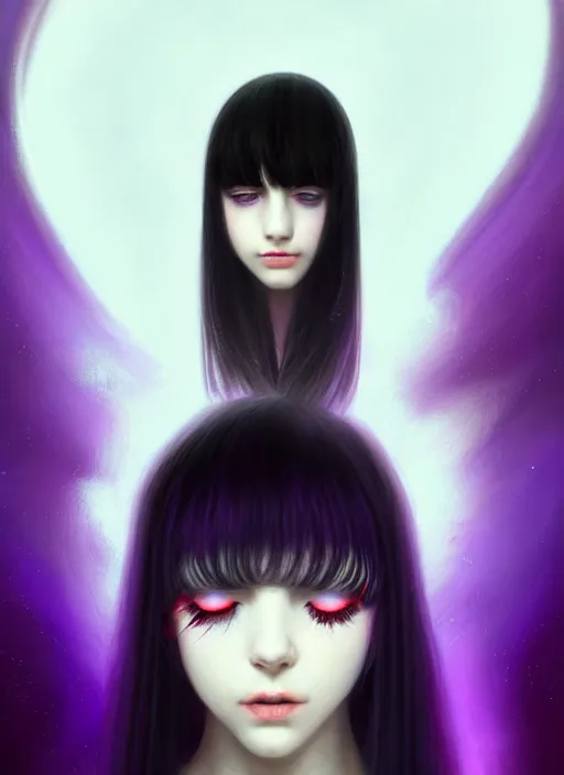 Image similar to hair whitebangs hair, black hair, whitebangs, portrait of teenage girl with white bangs, red irises, purple clothes, white bangs, bangs are different color from hair, intricate, elegant, glowing lights, highly detailed, digital painting, artstation, concept art, smooth, sharp focus, illustration, art by wlop, mars ravelo and greg rutkowski