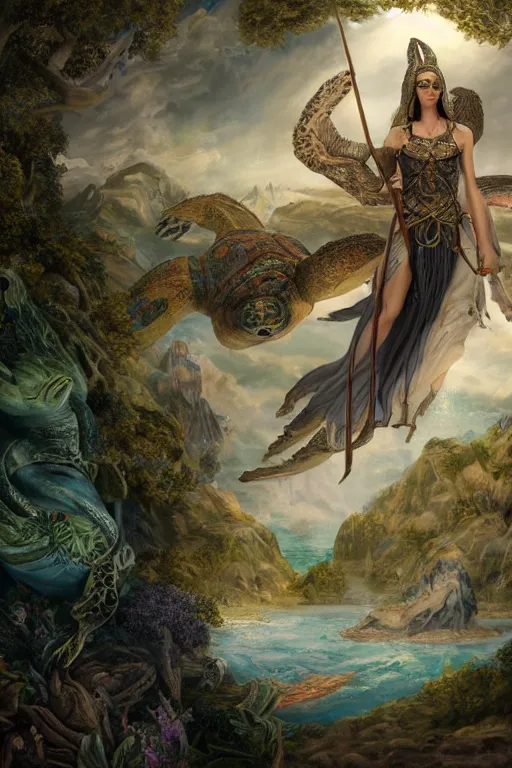 Image similar to A fantasy book style portrait painting of the Great Turtle Island at the center of the Universe, accompanied by a hybrid, Anya_Taylor-Joy, Cory Chase, Eva Green, as a Mystical Valkyrie, Anubis-Reptilian, Atlantean Warrior, François Boucher, Oil Painting, unreal 5, DAZ, hyperrealistic, octane render, Regal, Refined, Detailed Digital Art, RPG portrait, Walt Disney (1937), William-Adolphe Bouguereau, Michael Cheval, Steampunk, Volumetric Golden dappled dynamic lighting, Highly Detailed, Cinematic Lighting, Unreal Engine, 8k, HD