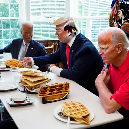 Image similar to trump and Biden sitting and eating breakfast at a Wafflehouse