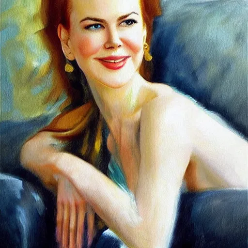 Image similar to an oil painting portrait of a young Nicole Kidman sitting on a couch, joyful, artist is John Sargent”