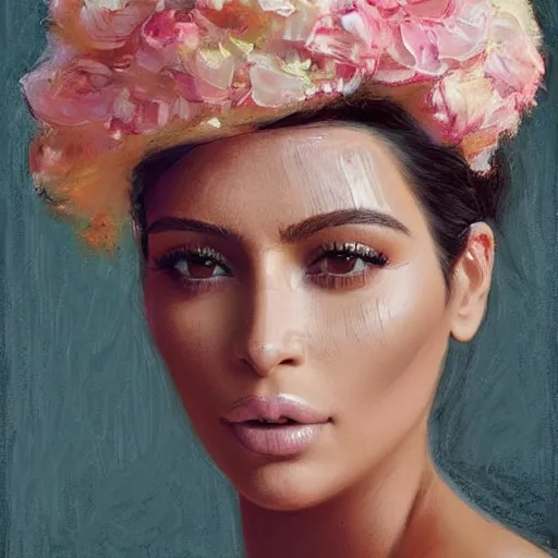 Image similar to happy very thick paint brush strokes paint texture full body fashion model kim kardashian by Jeremy Lipking by Hasui Kawase by Richard Schmid (((smokey eyes makeup eye shadow fantasy, glow, shimmer as victorian woman in a long white frilly lace dress and a large white hat having tea in a sunroom filled with flowers, roses and lush fern flowers ,intricate, night, highly detailed, dramatic lighting))) , high quality