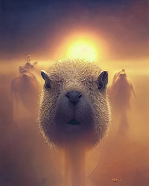 Image similar to lovecraftian white capybara, surreal photography, sunrise dramatic light, impressionist painting, digital painting, artstation, kilian eng, john harris, bastien lecouffe - deharme, simon stalenhag, flower face