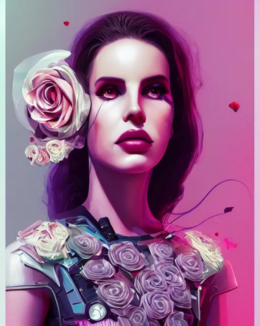 Image similar to portrait of lana del rey as a cyberpunk cyborg. sci - fi intricate abstract upper body intricate artwork, roses, rose petals by tooth wu, wlop, beeple, dan mumford. concept art, octane render, trending on artstation, greg rutkowski, asymmetrical, cinematic arthouse, key art, hyper realism, iridescent accents