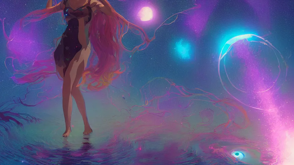 Prompt: one beautiful whimsical goddess standing in a lake basking in the moonlight, underneath a multi-colored binary blackhole with an accretion disc, glowing trails following her arms, steampunk, by Lois van Baarle, by Greg Rutkowski, by artgerm, by beeple, by studio ghibli, cinematic angle, volumetric lighting, 4k resolution, octane render, trending on artstation, masterpiece