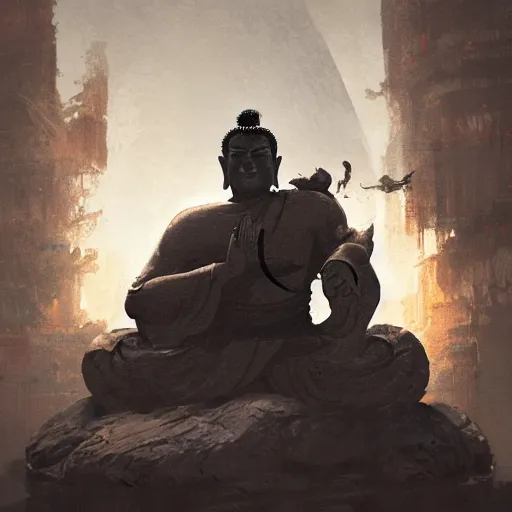 Prompt: a Buddha made of stone fighting a dragon, action painting, dramatic lighting, illustration by Greg rutkowski, yoji shinkawa, 4k, digital art, concept art, trending on artstation