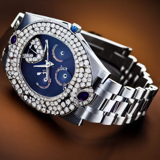 Image similar to vvs diamond alexandrite sapphire watch, intricate design, rolex, cogs and gears, steampunk watch, bejeweled beautiful watch, richard mille, 8 k photography