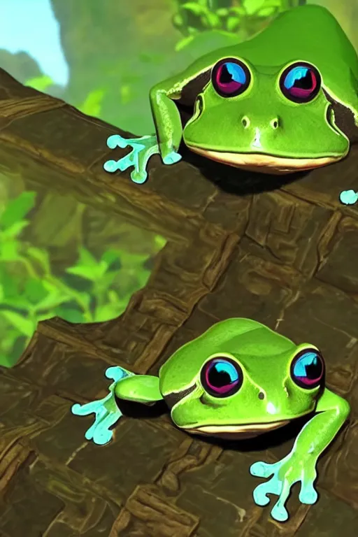 Prompt: in game footage of a green tree frog from the legend of zelda breath of the wild, breath of the wild art style.