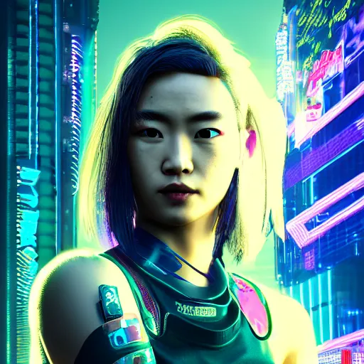 Image similar to jekie chan portrait, Cyberpunk 2077, cyberpsycho, photorealistic, ultra detailed, neon, octane, bokeh, cyber, cyberpunk city, feature, scars, cyberface, 8k