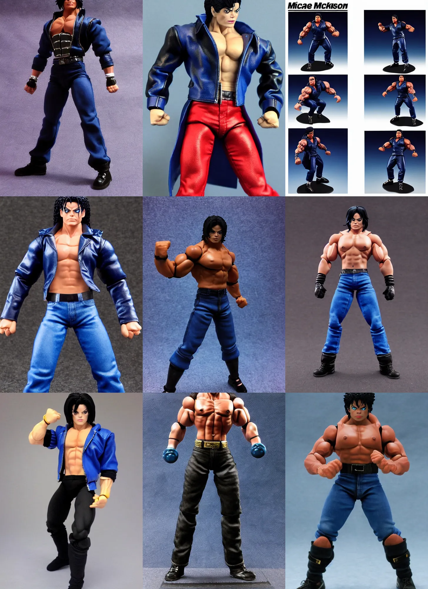 Prompt: michael jackson oversized muscular hulked powerlifter by neca!!! pretty! beautiful! action pose shirtless muscular black pants blue military jacket very detailed realistic action figure by neca macro face shot face shot in the style of jojo adventure, character from king of fighters, film still, bokehs