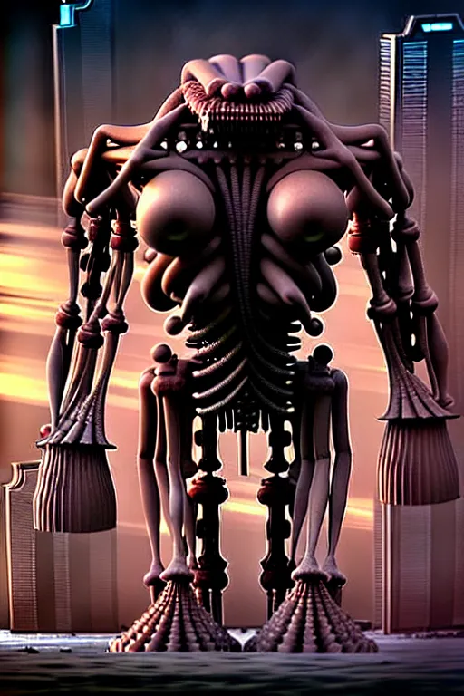 Prompt: photograph of a monstrous, bulky biomechanical creature that has a humanoid face, cinematic, realistic, hyperdetailed, futuristic, cyberpunk