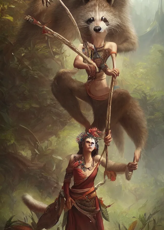 Prompt: a beautiful hyper realistic detailed painting of the sacred spirit raccoon who protect these land, by tom bagshaw, ross tran and bayard wu, inspired by dragon age inquisition featured on artstation