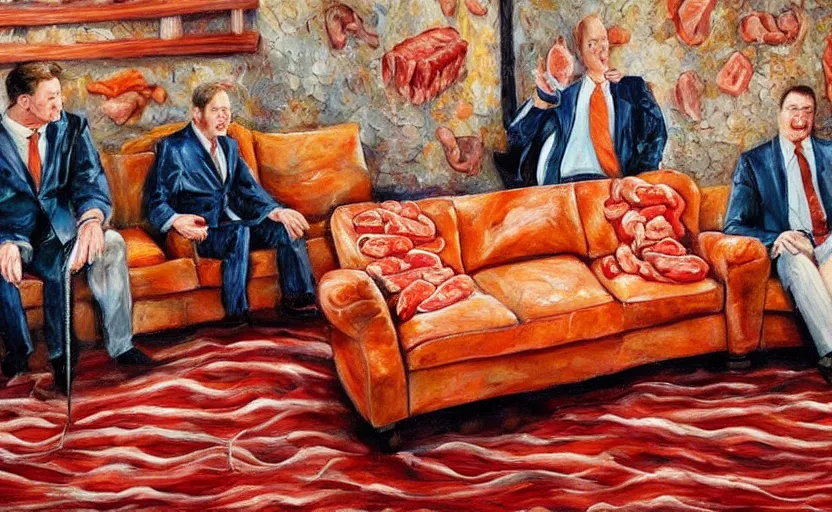 Image similar to realistic painting of couch made out of meat, business men sitting on couch made out of meat and talking,