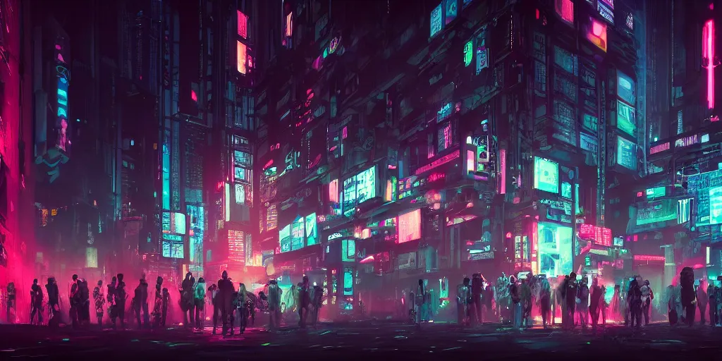 Image similar to a group of people standing outside of a building, cyberpunk art by liam wong, cgsociety, retrofuturism, glowing neon, neon, matte painting