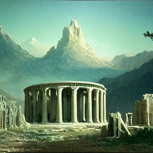 Image similar to the temple of truth is white, whole, holy and beautiful, but is surrounded by a crater of ruin and desolation. painting by albert bierstadt. intricate detail. stark contrast