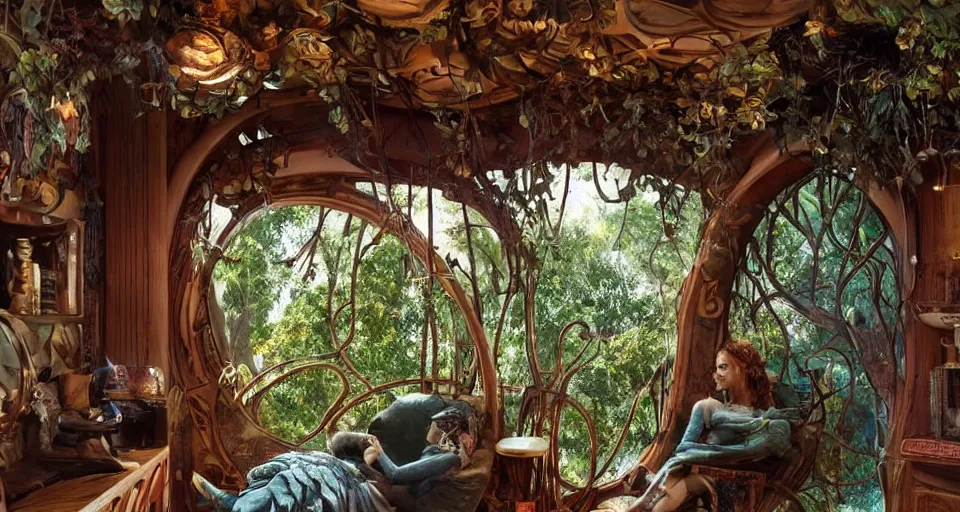 Image similar to An incredibly beautiful scene from a 2022 Marvel film featuring a cozy art nouveau reading nook balcony in a fantasy treehouse interior. 8K UHD.