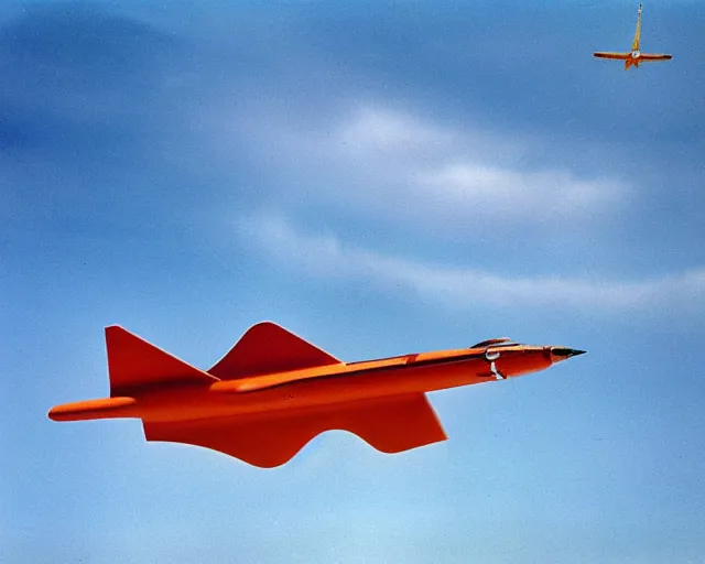 Prompt: Thunderbird 2 flying through a cloudy blue sky, a colorized photo by Buckminster Fuller, flickr, cobra, 1970s, 1990s, colorized