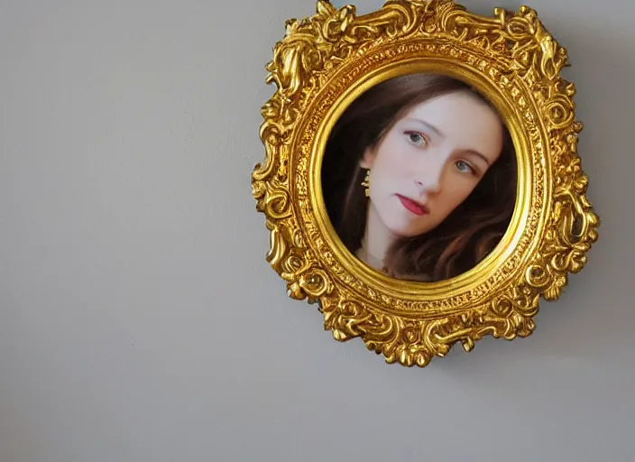 Image similar to beautiful baroque circular portrait picture frame, royal, gilded with gold, magical, fantasy, metallic