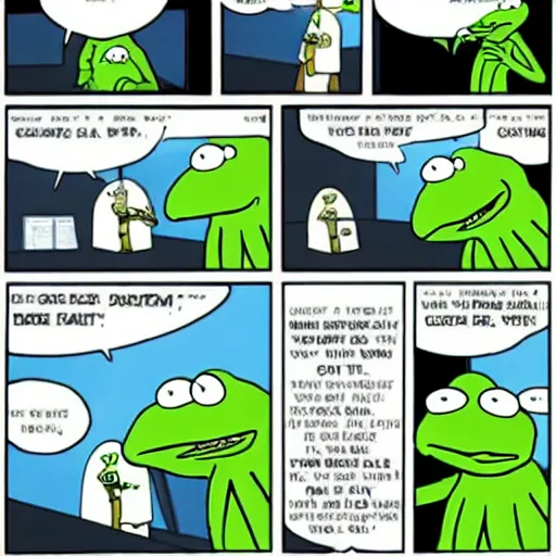 Prompt: Kermit appears in Dilbert comic strip