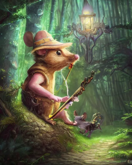 Image similar to Mouse playing Flute in magical forest, portrait, wearing hat, magical notes, fairy atmosphere, magic the gathering artwork, D&D, fantasy, cinematic lighting, centered, symmetrical, highly detailed, digital painting, artstation, concept art, smooth, sharp focus, illustration, volumetric lighting, epic Composition, 8k, art by Akihiko Yoshida and Greg Rutkowski and Craig Mullins, oil painting, cgsociety