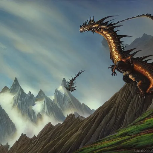 Image similar to dragons circling a tall mountain spire, by john howe