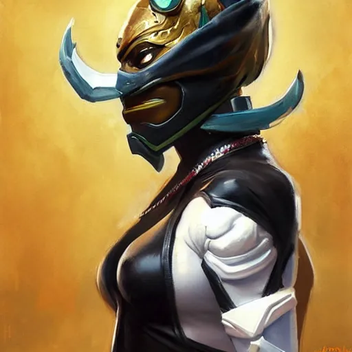 Prompt: greg manchess portrait painting of jade from mortal kombat wearing a halfmask as overwatch character, medium shot, asymmetrical, profile picture, organic painting, sunny day, matte painting, bold shapes, hard edges, street art, trending on artstation, by huang guangjian and gil elvgren and sachin teng
