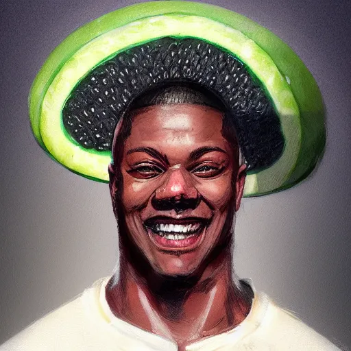 Prompt: side portrait of a goofy looking black guy with a watermelonmelon fruit helmet that covers only the top of his head by greg rutkowski