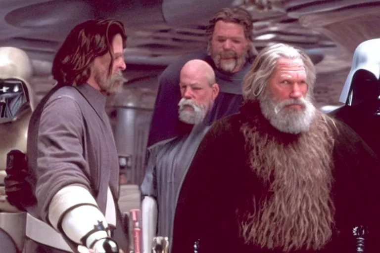 Prompt: Jeff Bridges from The Big Lebowski bowling in the Mos Eisley Cantina from Star Wars with Darth Vader