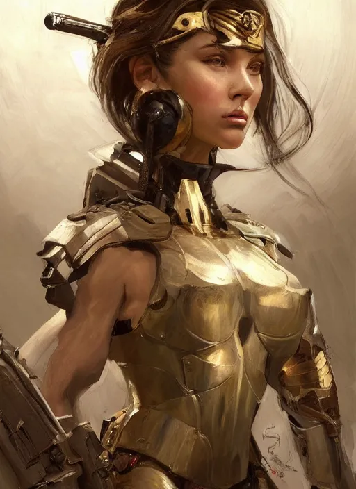 Image similar to a professional painting of a beautiful young female, clothed in military armor, olive skin, long dark hair, beautiful bone structure, symmetrical facial features, intricate, elegant, digital painting, concept art, smooth, sharp focus, illustration, from Metal Gear, by Ruan Jia and Mandy Jurgens and Artgerm and William-Adolphe Bouguerea