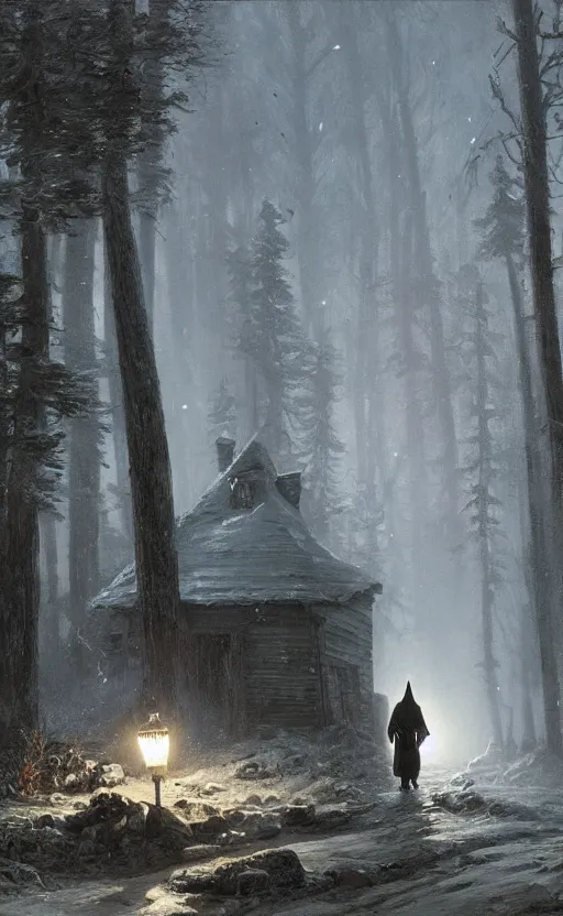 Prompt: a hooded figure carrying a torch approaches an abandoned tavern on a moonlit night, ivan shishkin and greg rutkowski