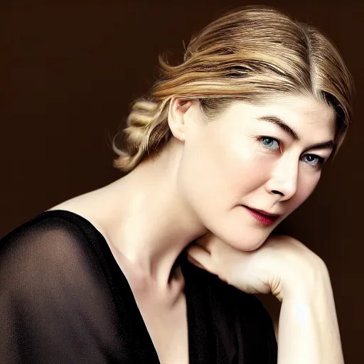 Image similar to rosamund pike wearing black robe and golden necklace cinematic photoshoot high quality highly affordable photo realistic 8 k hd