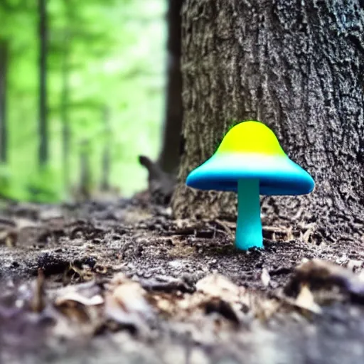 Image similar to a neon blue glowing mushroom in a forest