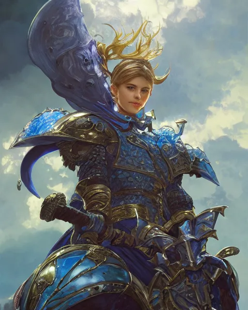 Image similar to Portrait of a Fantasy azure knight, moonlit, HD, illustration, epic, D&D, fantasy, intricate, elegant, highly detailed, digital painting, artstation, concept art, smooth, sharp focus, illustration, art by artgerm and greg rutkowski and alphonse mucha, monster hunter illustrations art book