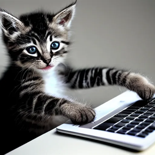 Image similar to photorealistic image of a single kitten playing on a laptop keyboard writing a letter to his friend