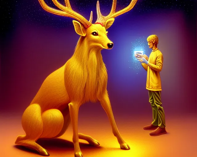 Prompt: beauty golden deer dog admiring a small hologram with alien artifacts, mechanical holographic case display, 80s Aliens tech, ultrarealistic, dramatic lighting, electrical details, high details, 4k, 8k, best, accurate, trending on artstation, artstation, photorealism, ultrarealistic, digital painting, style of Wayne barlowe and Boris Vallejo and Peter Mohrbacher