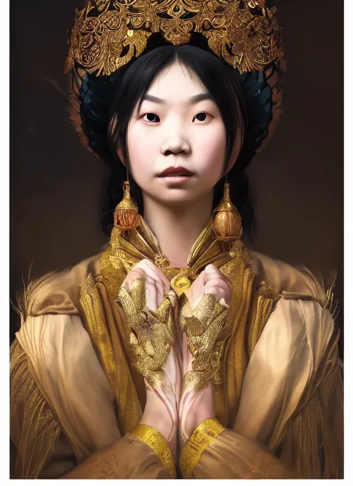 Prompt: beautiful portrait of a Asia minority female wearing fantastic costume,pigtail,intricate, elegant, highly detailed, dim volumetric lighting, 8k,octane,post-processing,digital painting, trending on artstation, concept art, smooth, sharp focus, illustration,by Tom Bagshaw and Daniel Gerhartz and Albert Aublet and Lawrence Alma-Tadema and alphonse mucha