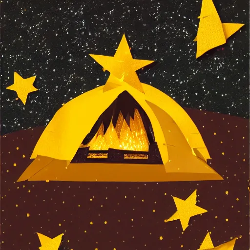 Image similar to a comfy crackling campfire in front of a very dark background of yellow illustrated stars, astrophotography, warm muted colors, cut paper collage with photograph and illustration